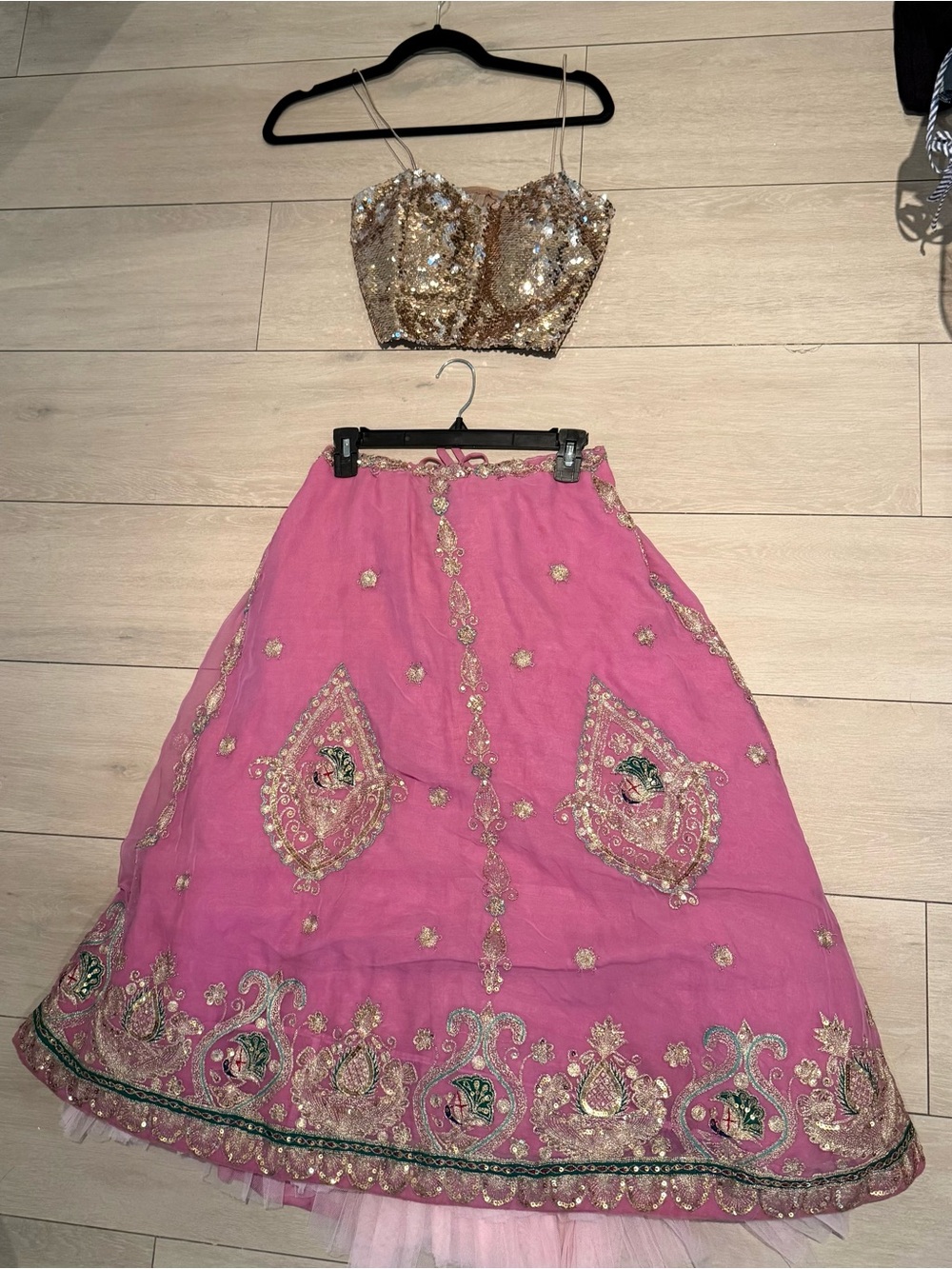 Women’s Pink Embroidered A-Line Skirt with Gold Accents